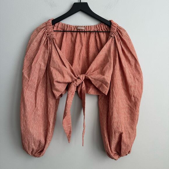 MOODSTORIES Striped Balloon Sleeve Tie Front Crop Top in Terracotta EU Small - Picture 2 of 9